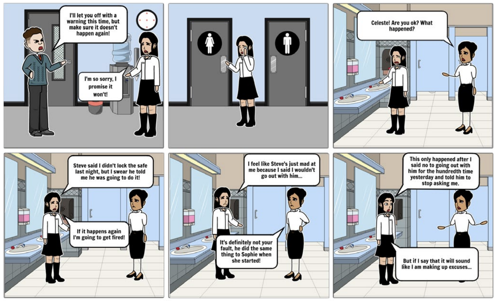 A comic strip featuring two people at work. A boss threatens a young woman, who has rejected to go on a date with him.