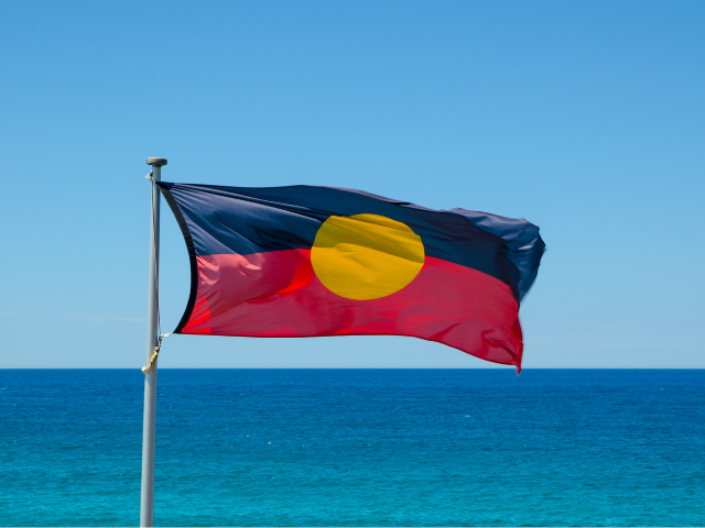 Aborginal flag flying in front of the ocean.