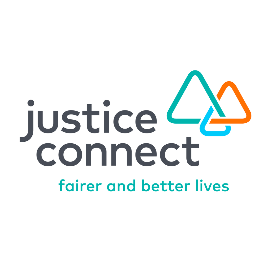 Logo: Grey text reads 'Justice connect: fairer and better lives'. There are three interlinked triangles. 