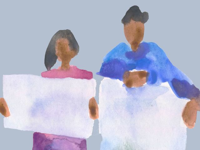 A watercolour painting of two people with dark skin holding up a white placard sign.