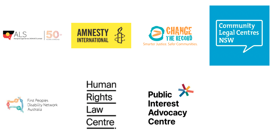 Logos for ALS, CLCNSW, Amnesty International, Change the Record, First Peoples Disability network, PIAC, and Human Rights Law Centre.