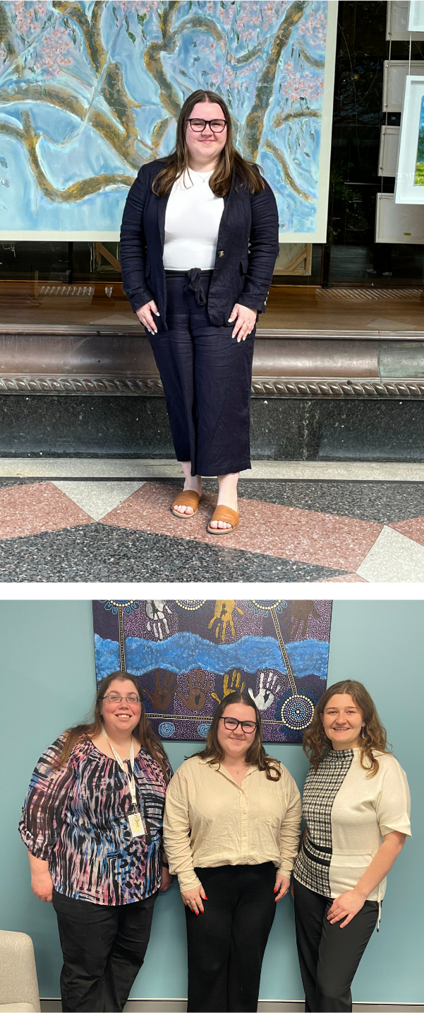 Aimee smiling outside the Downing Centre courts in Sydney. Underneath is a photo of Aimee and Justice Support Centre staff members smiling in front of a colourful dot painting depicting hand prints and a river.