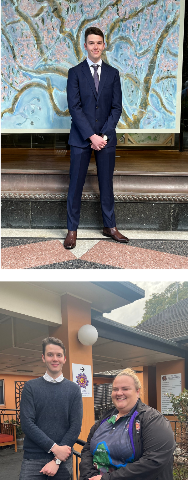 Jai smiling in front of a painting of a flowering tree. He is wearing a navy blue suit. Underneath is a photo of Jai smiling out the front of Yerin Eleanore Duncan Aboriginal Health Centre with Yadhaba Solicitor Sarah Etherington.