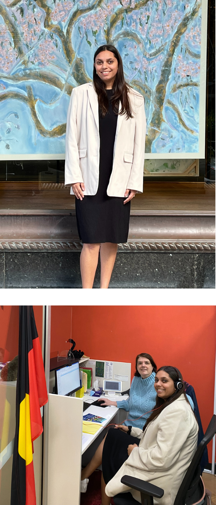 Keely smiling in front of a painting of a flowering tree. She wears a black dress, cream-coloured blazer and earrings. Underneath is a photo of Keely working at a laptop with staff from the Ability Rights Centre and smiling. An Aboriginal flag is in the corner of the room.