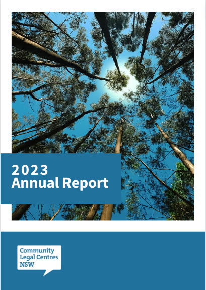 Cover of CLCNSW's Annual Report for 2023, featuring a group of trees photographed from below. The sun shines through.