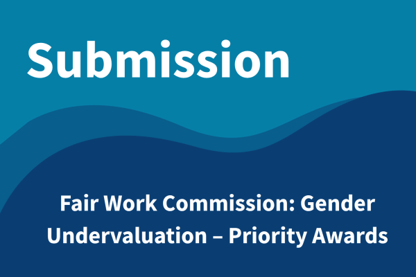 Colourful tile with text reading 'Fair Work Commission: Gender Undervaluation – Priority Awards'