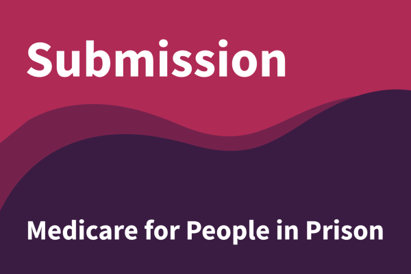 Pink and purple wave shapes with text reading 'Submission' Medicare for people in prison'