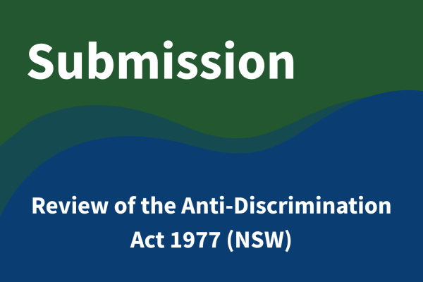 Blue and green wave shapes with text reading 'Submission: Review of the Anti-Discrimination Act 1977 (NSW)'